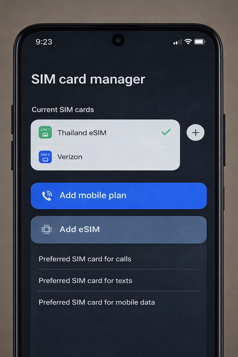 Samsung SIM card manager with Add mobile plan option
