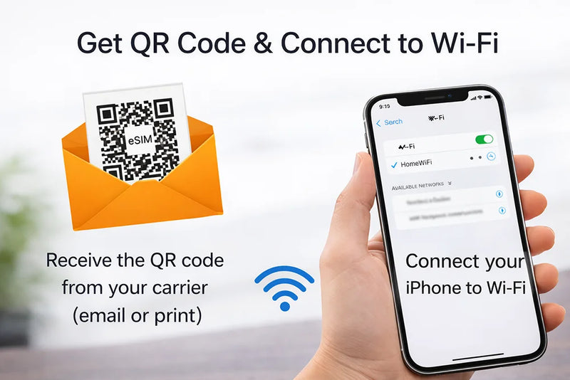 iPhone QR code received via email and Wi-Fi connection screen