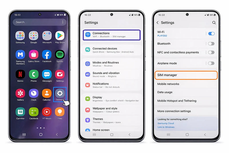 Samsung Settings showing Connections and SIM card manager menu