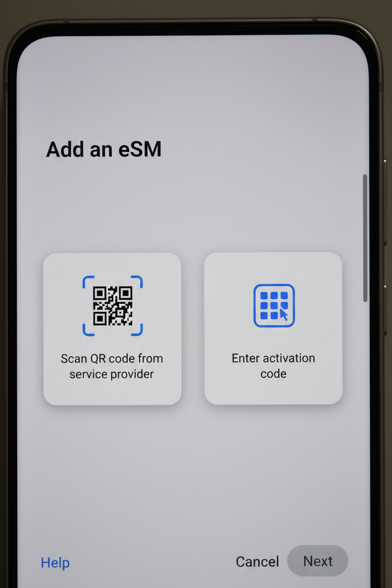 Samsung eSIM installation options showing QR code scan and manual entry