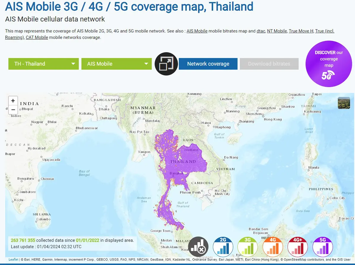 AIS Mobile 3G / 4G / 5G coverage map, Thailand